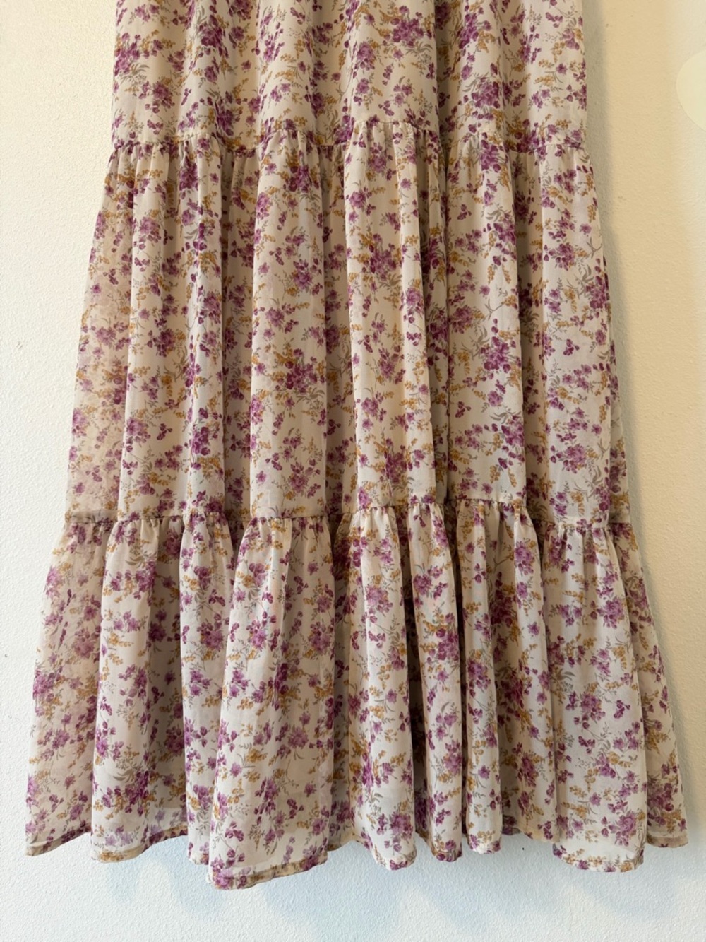 EUC Roolee Cream Midi Flutter Sleeve Tiered Dress with Pink Floral Print - Picture 7 of 14